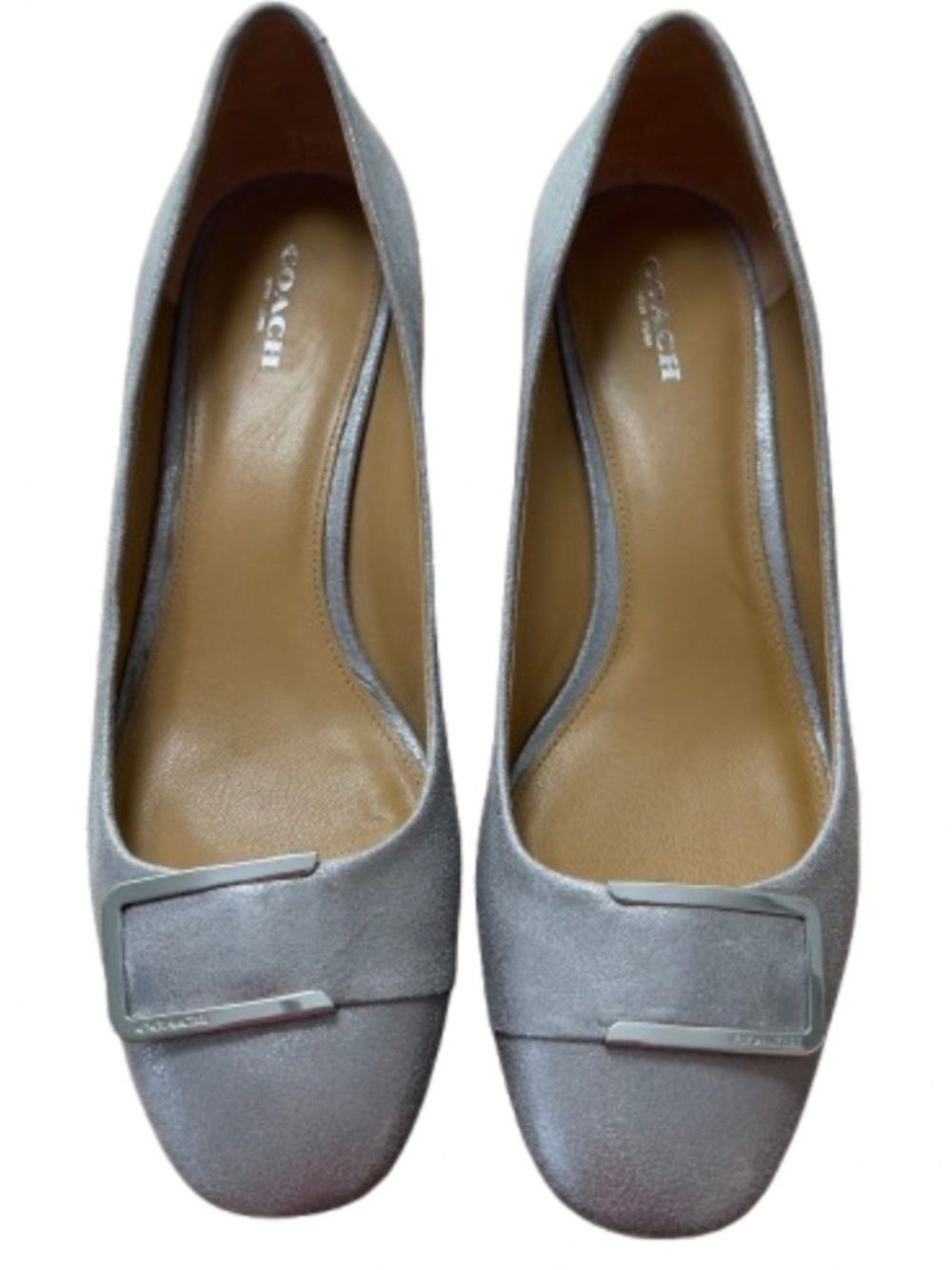 Coach Women's Pumps Block Heels Leather Silver Gray Metal Buckle Pewter Sz. 10 B